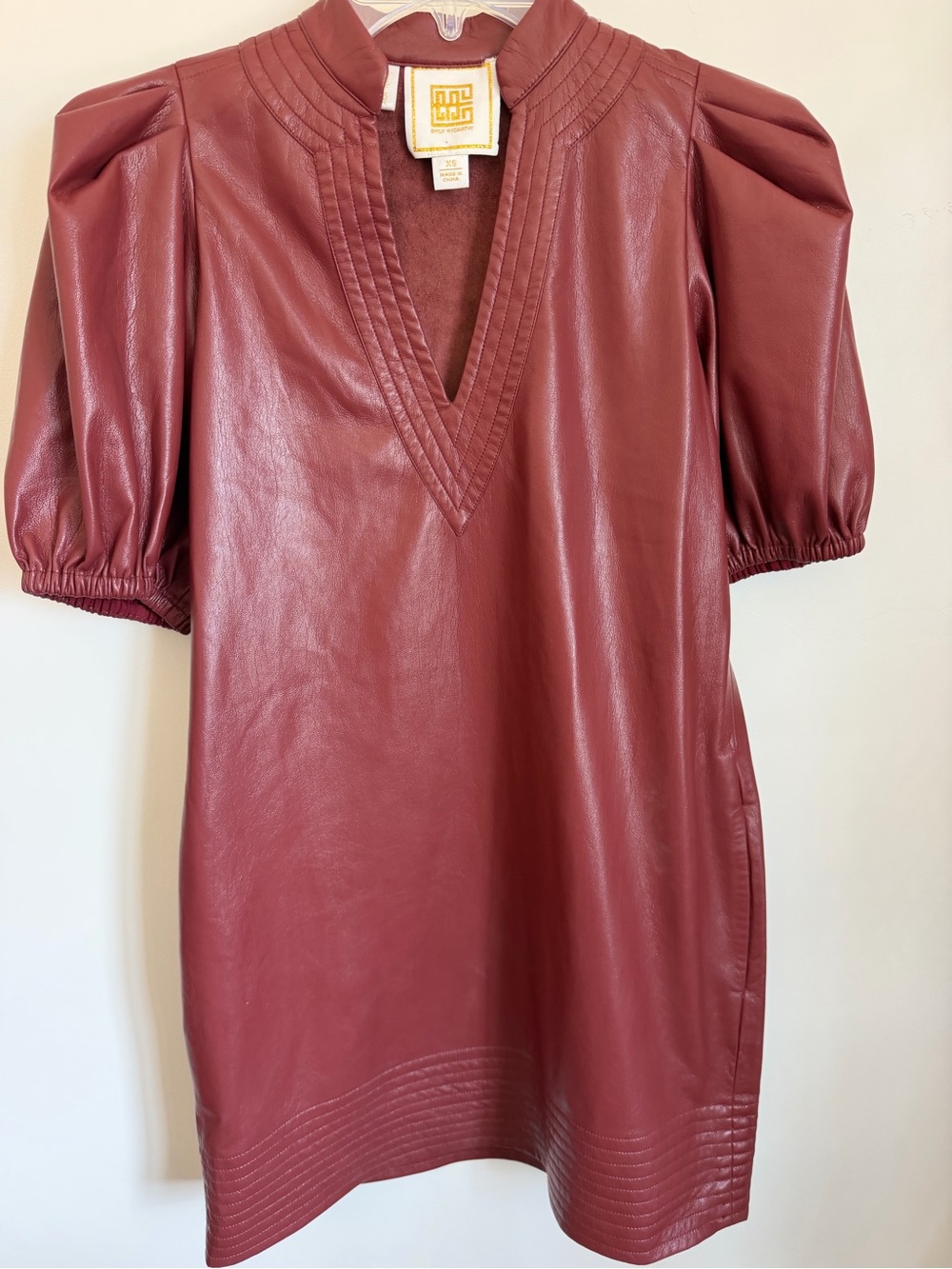 Faux Leather Puff-Sleeve Mini Dress - Deep Wine